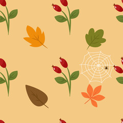 Autumn seamless pattern with rosehip berries and leaves. Vector illustration. For design, decorative printing on paper or fabric
