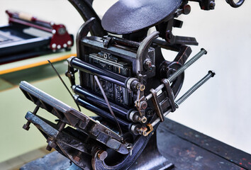 Vintage printing press in workshop