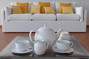 Fototapeta na wymiar Servizio da té in primo piano con salotto sullo sfondo.