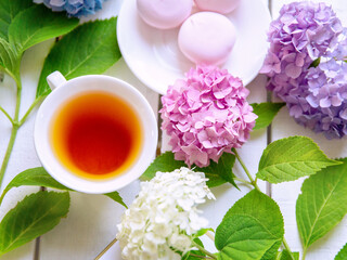 A cup of black tea with marshmallows surrounded by hydrangea flowers. top view