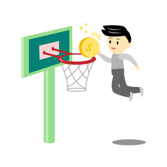 Man shooting coin ball into basket. Businessman playing basketball cartoon vector