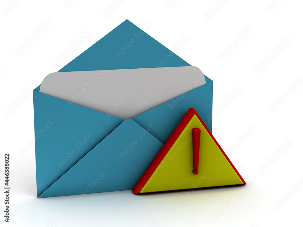 Poster alert email message concept exclamation mark in envelope isolated , 3d rendering