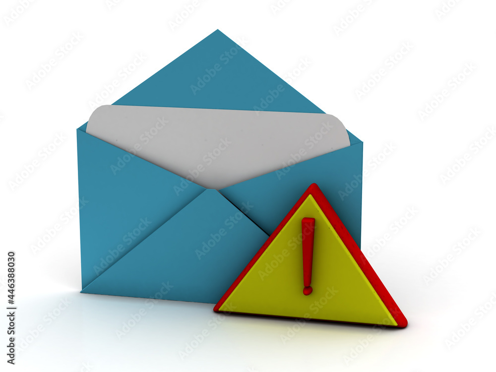 Poster alert email message concept exclamation mark in envelope isolated , 3d rendering