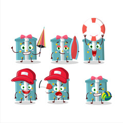 Happy Face magic gift box cartoon character playing on a beach