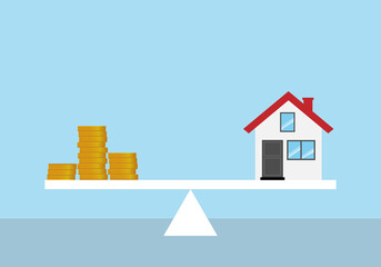Coins and house on a scale. Property investment and house mortgage financial real estate concept. Isolated vector