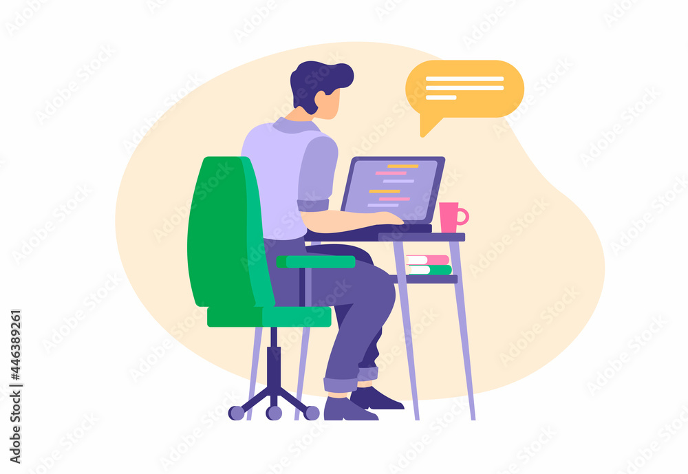 Poster working as web operator. male character at laptop corresponding in online chat with client. technolo