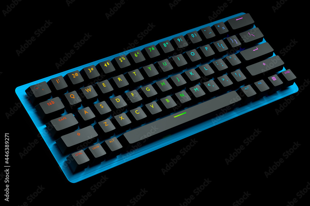 Poster blue computer keyboard with rgb colors isolated on black background.