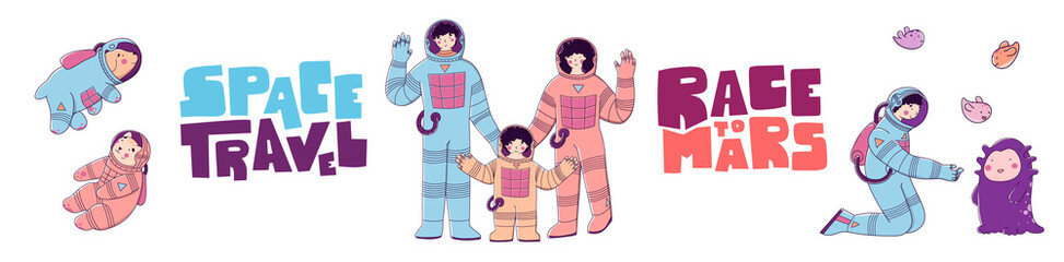 Space astronaut family. Space travel, mission to Mars, tourism, colonization of Mars.