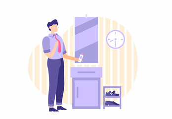 Man is going to work. Male character gets dressed for trip to office in front of mirror. Perfume in hand for refreshing scent. Shoes on bedside table for any situation. Vector flat illustration