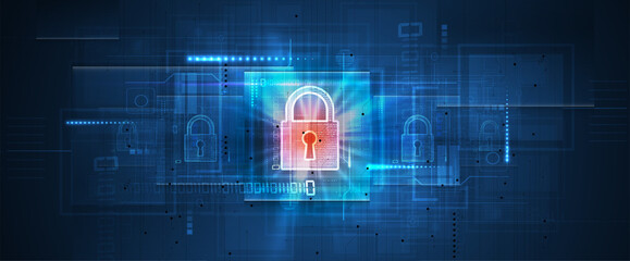 internet digital security technology concept for business background. Lock on circuit board