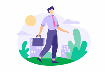 Businessman goes to work. Man in business clothes with suitcase walks along road. Multistorey offices with green trees. Good day for productive deals and negotiations. Vector flat illustration