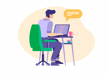 Fototapeta na wymiar Working as web operator. Male character at laptop corresponding in online chat with client. Technological and business assistance. Sales manager is talking to online buyer. Vector flat illustration
