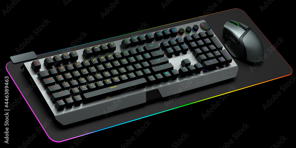 Poster computer keyboard and mouse on professional pad isolated on black background.