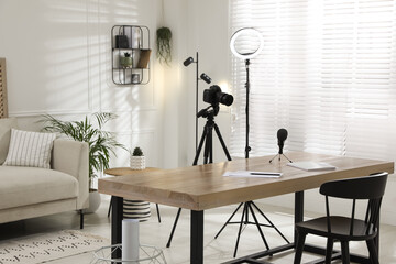 Ring light, camera and microphone for blogging in room