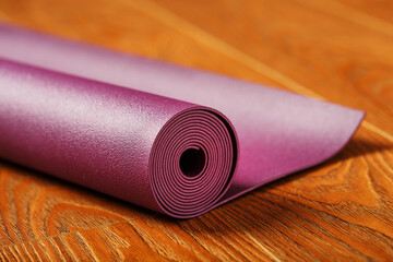 A lilac-colored yoga mat is spread out in a roll on the wooden floor.