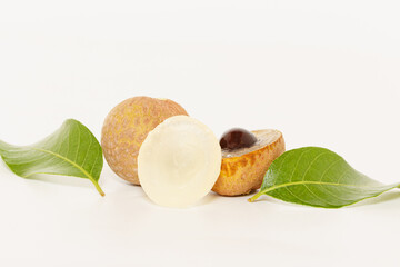Fruit fresh longan with leaf and ripe on white background,close up