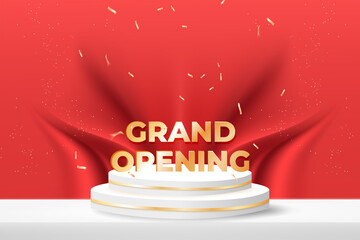 grand opening banner with podium and confetti on red background.
