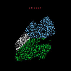 Djibouti flag map, chaotic particles pattern in the Djiboutian flag colors. Vector illustration