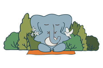 Isolated vector illustration colorful design of a cute meditating elephant in park with bushes