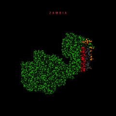 Zambia flag map, chaotic particles pattern in the Zambian flag colors. Vector illustration