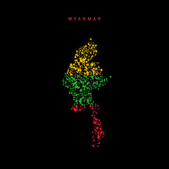 Myanmar flag map, chaotic particles pattern in the Burma flag colors. Vector illustration