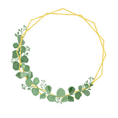 Golden frame with eucalyptus leaves. A greeting card. An invitation card. Wedding elements. An illustration for printing.