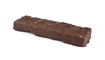 Tasty chocolate glazed protein bar isolated on white. Healthy snack
