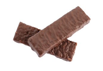 Tasty chocolate glazed protein bars on white background, top view. Healthy snack