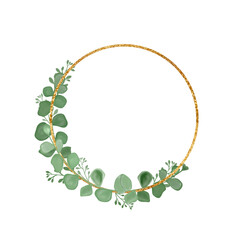 Golden frame with eucalyptus leaves. A greeting card. An invitation card. Wedding elements. An illustration for printing.