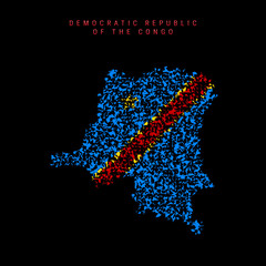 Obraz premium Democratic Republic of the Congo flag map, chaotic particles pattern in the DR Congo flag colors. Vector illustration