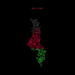 Malawi flag map, chaotic particles pattern in the Malawian flag colors. Vector illustration