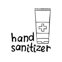 Template bottle gel hand sanitizer with lettering. Personal hygiene product. Antiseptic dispenser disinfects, protects coronavirus bacteria. Vector outline icon in flat doodle style isolated