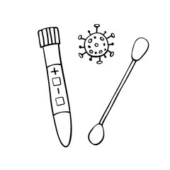 Test tube, beaker with swab and molecule virus isolated on white background. Covid-19 test. Blood samples. Flu analysis for laboratory. Vector outline doodle illustration