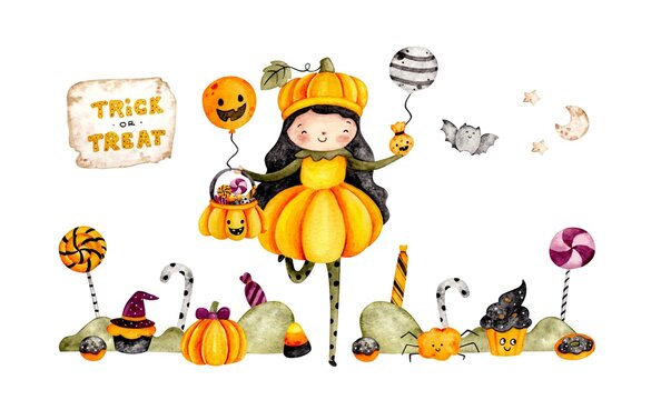 Watercolor hand drawn cute pumpkin halloween costume banner