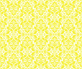 Wallpaper in the style of Baroque. Seamless vector background. White and yellow floral ornament. Graphic pattern for fabric, wallpaper, packaging. Ornate Damask flower ornament