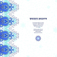 Card with border and place for text. The ornament consists of paisley and blue bird feathers. Winter colors and snowflakes on the background.