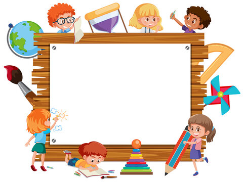 Empty wooden frame with many school kids cartoon character