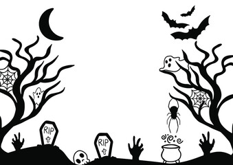 Halloween in the dark night .Ghost and flying bats, tomb, scary, decoration. Halloween party flayer, poster ,card, design template.  Black silhouette on 
white background.