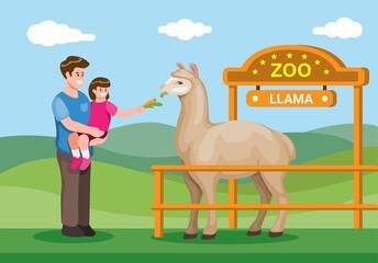 Parent with child visit zoo and feed Llama. animal education for children at the zoo illustration vector