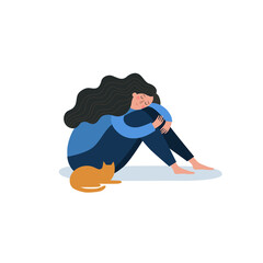 Illustration of a pensive sad woman sitting on the floor. - 446393245