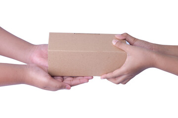 Human hand giving cardboard box