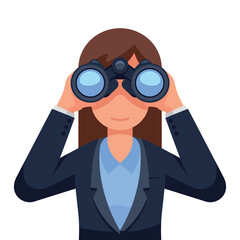 Business woman looking through binoculars searching for a job. Flat style isolated vector illustration