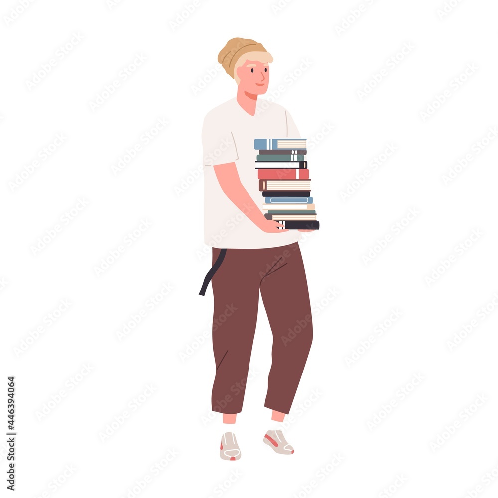 Poster student walking with stack of books in hands. young man carrying pile of textbooks from library. guy