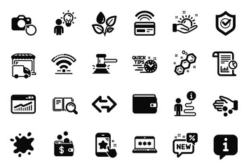 Vector Set of Business icons related to Wifi, Recovery photo and Judge hammer icons. Money wallet, Sunny weather and Donation money signs. Laptop password, Plants watering and New. Sync. Vector