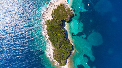 Beautiful aerial view of Ksamil from above islands and sea, Albanian Riviera