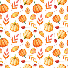 Autumn leaves and pumpkins seamless pattern. Watercolor orange botanical repeat print on white background. Fall natural background for textile, wallpaper, wrapping paper, fabric and decoration.