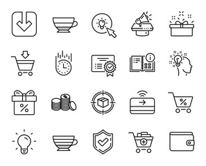 Vector set of Light bulb, Discount offer and Fast delivery line icons set. Present box, Online market and Add products icons. Special offer, Energy and Instruction info signs. Vector