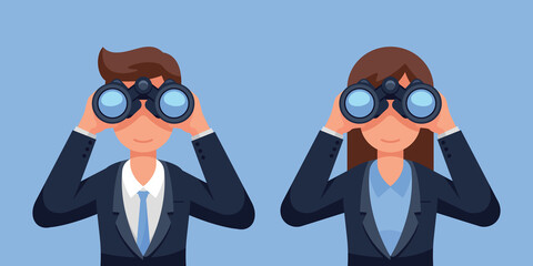 Businesswoman and businessman holding binoculars, searching for a job, Flat style isolated vector illustration