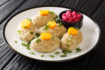 Delicious Jewish food Gefilte Fish Fishballs from river fish served with horseradish and carrots...