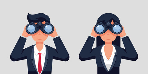 Businesswoman and businessman holding binoculars, searching for a job, Flat style isolated vector illustration
